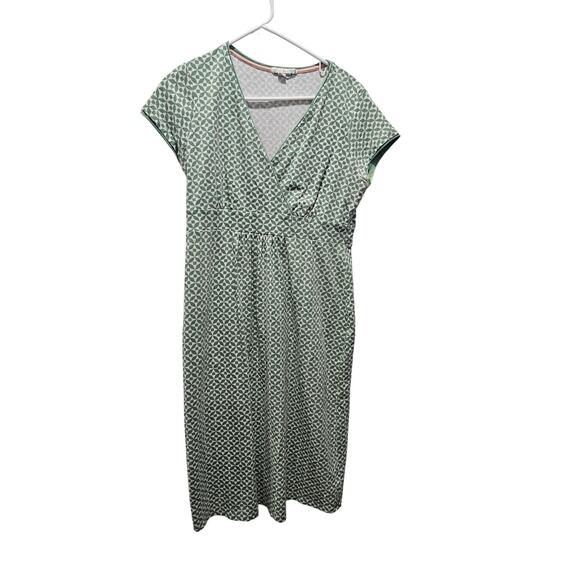 Boden Jersey Day Dress Green Retro Geometric V Neck Faux Neck Size 8 - Picture 1 of 8